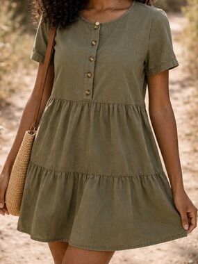 Madewell Olive Green Button Front Mini Dress XS Cottagecore Utility Style